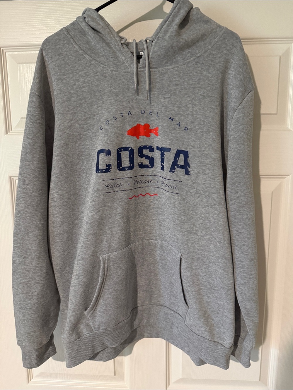 Costa Heather Gray Hoodie with Navy Logo and Red Fish